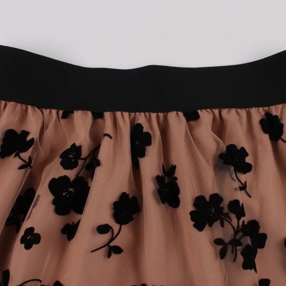 New Floral Print Mesh Lined Overlay Camel Caramel Tan Skirt Midi Maxi Black NWT - Picture 11 of 16